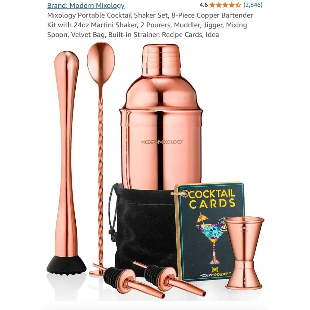 Bartender‎ Kit Copper 8 PC - Cocktail Mixology Set with Shaker Muddler Pourers